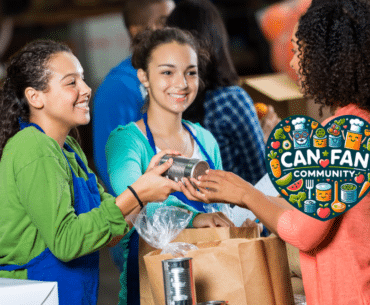 Women handing canned food to one another with Can Fan Community Logo overlay