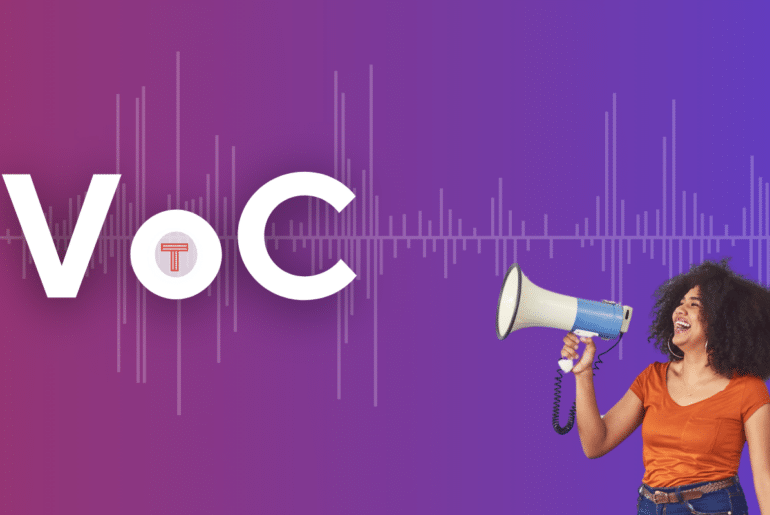 woman holding megaphone next to letters V O C.